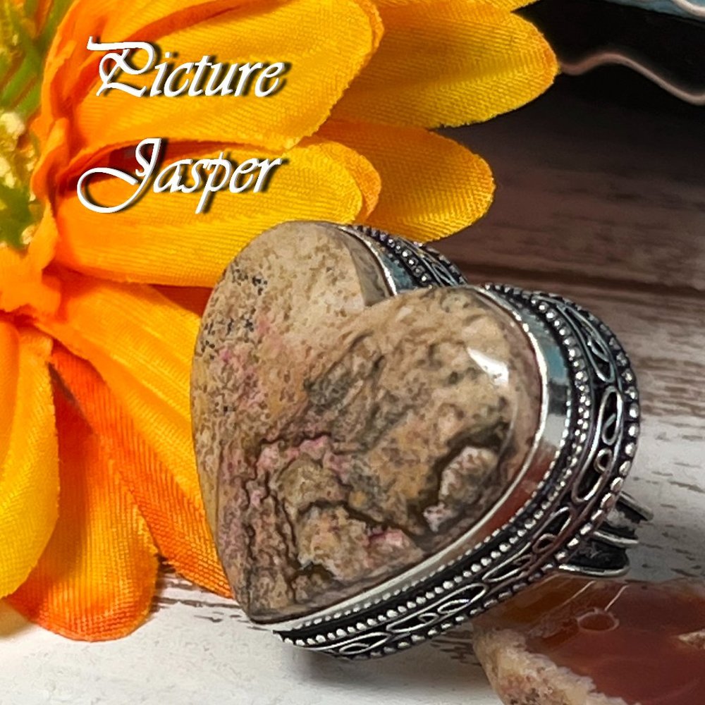 Picture Jasper Ring Heart Handmade Gemstone Crystal Antique Design 925 Silver - Picture 11 of 11